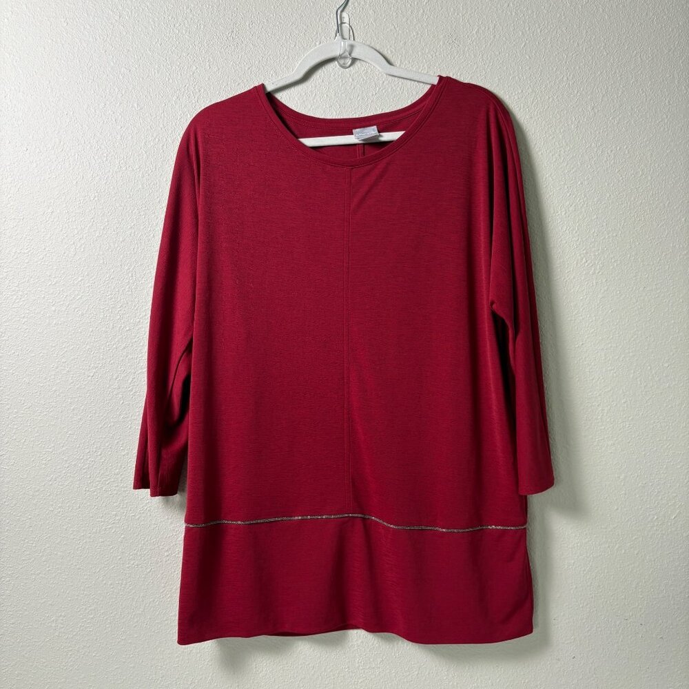 Chico's Blouse‎ Womens Size 2 US L Red Metallic Trim Long Sleeve Pullover Top